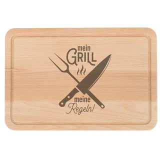 Großes Brotzeitbrett, Schneidebrett aus Buchenholz, mit Gravur 'Grillen', 30x20x1,5cm und Saftrille. Geölte Oberfläche hochwertige Lasergravur (Mein Grill - meine Regeln)
