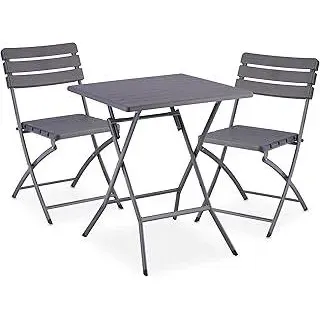 Balkonmöbel Set, 3-teilig, 1 Tisch & 2 Stühle, klappbar, Gartengarnitur Holzoptik, Stahl & Kunststoff, grau