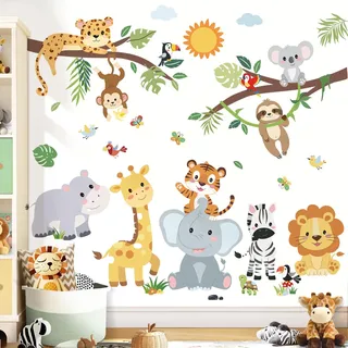 decalmile Wandsticker Tiere Baum Zweig Wandtattoo Baby Tiere Giraffe Löwe Elefant Wandaufkleber Junge Babyzimmer kinderzimmer Wanddeko