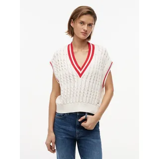 Pullunder TOMMY JEANS "TJW TIPPING V NECK CABLE VEST", Damen, Gr. S (36/38), weiß (ancient weiß), Strick, Obermaterial: 100% Baumwolle, unifarben mit Farbeinsatz, normal, V-Ausschnitt, Pullover Pullunder, Baumwolle, mit Zopfmuster