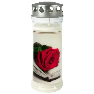 Wochenbrenner mit Motiv: Rose/Buch- Motiv Grabkerze mit Deckel - Gedenkkerze - Grablicht mit langer Brenndauer von bis zu 7 Tagen (Größe: 75 x 210 mm, Brenndauer: bis zu 7 Tagen, 12)