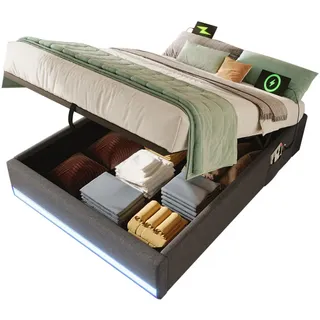 Flieks Polsterbett 90x200cm Grau LED-Leiste Usb-C Hydraulik , Holz , 90x200 cm , Schlafzimmer, Betten, Polsterbetten