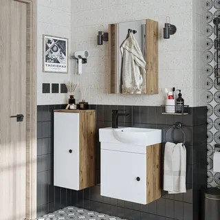 Roomart Badmöbelset - PUNTO - Unterschrank mit Waschbecken - Seitenschrank - Spiegelschrank - Badezimmer Möbel - Gäste WC