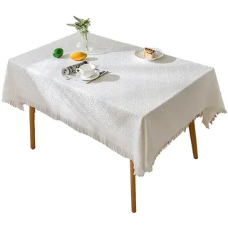 GmwyCzV Tischdecke Abwaschbar, 90x150cm Baumwolle-Leinenoptik Strapazierfähig Tischtuch, Weiß Rechteckig Tischdecken mit Quasten, für Innen und Außen, Outdoor, Garten, Esstisch, Herbstdeko