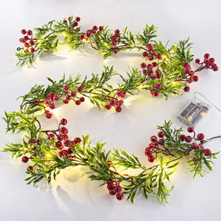 LAWOHO 180cm Künstliche Weihnachtsgirlande mit 20 LED-Lichtern Batteriebetrieben 162 Schneerote Beeren 55 Grüne Blätter Girlande Weihnachten für Thanksgiving Urlaub Drinnen Kamin Weihnachtsdeko