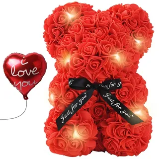 Lichtbär mit Rosen und Herzluftballon | Romantisches Geschenk für Frauen | Teddy Bear | Mit LED und Ewiger Rose | Geschenkset | Ideal für Valentinstag, Muttertag | OriginalCorner®