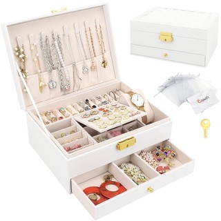 Schmuckkasten, Schmuckkästchen mit 2 Ebenen mit Schubladen, PU-Leder Schmuckbox Schmuckschatulle Groß Schmuck Organizer für Ringe Ohrringe Armbänder Halsketten, Weiß