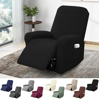 BOYIFEIJIE 1-Sitzer Sessel Überzug, Sesselbezuge Stretch mit Taschen, All-Inclusive Streifen-Jacquard Sesselschoner für Fernsehsessel Relaxsessel Sesselhusse (Schwarz, 4-Teilig)