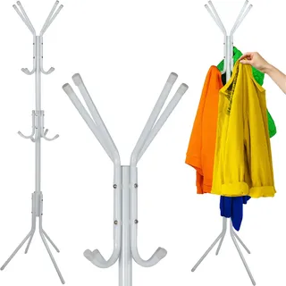 RUHHY Metall-Kleiderständer mit 4 Füßen – Stehender Garderobenständer Weiß, Belastbar bis 20 kg, Garderobe, für Kleidung, Taschen und Hüte, Höhe 175cm