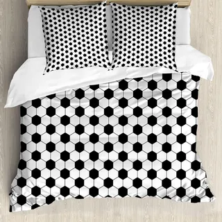 ABAKUHAUS Fußball Bettbezug Set, Abstrakter Fußball-Ball-Muster-einfarbiger geometrischer Design-Sport-Spaß-Tätigkeit, 155 x 220 cm + 80 x 80 cm, Weiß Schwarz