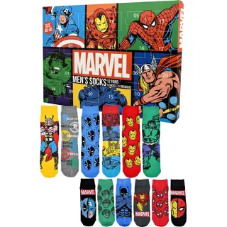 Marvel Adventskalender mit 12 Paar Socken Größe 40-45 für Herren Weihnachtskalender mit Sneakers und langen Socken