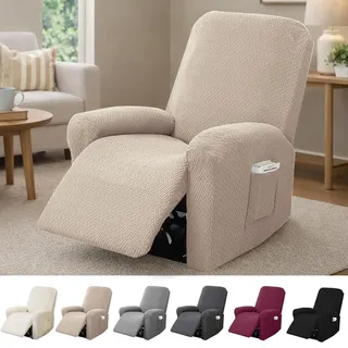 Hengrongshen 1-Sitzer Sessel Überzug, Sesselbezuge Stretch mit Taschen, All-Inclusive Streifen-Jacquard Sesselschoner für Fernsehsessel Relaxsessel Sesselhusse (Taupe, 4-Teilig)