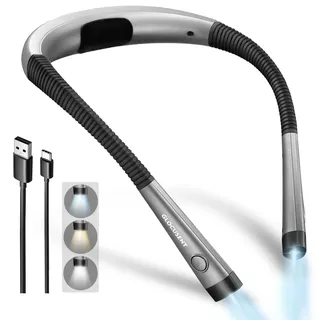 Glocusent Leselampe Hals, Leselampe Buch mit 3 Farben & 6 Helliggkeitsstufen, Nackenlampe Wiederaufladbar 80 Stunden Dauer, Biegbare Arme, Leselicht für Lesen Stricken Camping Reparieren
