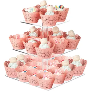 Boxalls Tortenständer mit 3 Ebenen, Groß Quadrat Cupcake-Ständer aus Acryl 25,4 Zentimeter/ 10 Zoll, Transparenter Tortenstützen Dessert-Gebäckturm Muffinständer für Hochzeit, Geburtstag, Mottoparty