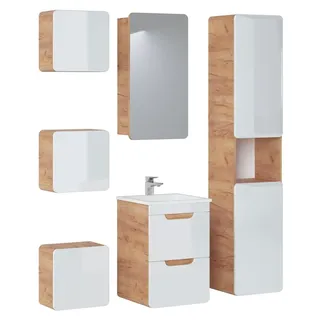 Design Badezimmer Möbel Gruppe Bad 6tlg. Set Garnitur Schrank Waschbecken Holz - Weiß, Braun