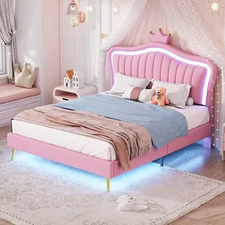 Sweiko Kinderbett Polsterbett 140x200cm Rosas Kronen-Doppelbettgestell aus Kunstleder mit LED-Leuchten - Rosa