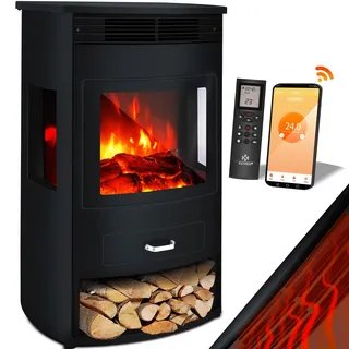 KESSER® Prio Elektrokamin mit Heizung Heizlüfter Fernbedienung WiFi App 950/1900 W Kamin elektrisch LED-Flammeneffekt Kaminfeuer Elektro Kamin mit Thermostat Panorama-Sichtfenster Heizfunktion Timer - Schwarz