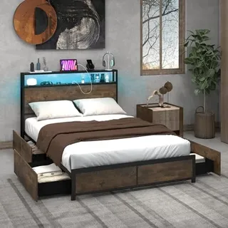 Generisch Stauraumbett mit LED Beleuchtung, Ladestation & 4 Schubladen, Bett mit Kopfteil & Lattenrost, industrieller Bettrahmen, Metallbett, Doppelbett 200 x 140 cm