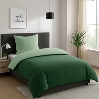 Heimtexland Teddy Flanell Wende Bettwäsche Set I Winter Bettbezug I kuschelig weich und warm I Kopfkissen 80x80 I Bettdecke 155x220 I Cashmere Touch Geschenkidee Weihnachten Typ751 Salbei - dunkelgrün