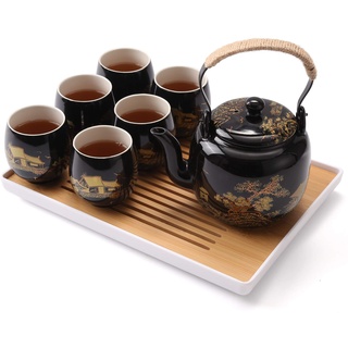 DUJUST Japanisches Teeservice, Schwarzes Porzellan Chinesisches Teeset mit Kanne und Tassen, Schönes Asiatische Teekanne Set für Teeliebhaber (Landschaft in Gold)