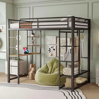 Ball & Cast Hochbett (90x200cm) mit Sicherheitsleiter, Hängebarer Tisch und Lagerregal, Metall-Sicherheitszaun, Stabil & Rauschlos, Schwarz