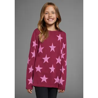 Strickpullover KIDSWORLD "Sterne-Pullover", Mädchen, Gr. 176/182, rot (bordeaux gemustert), Feinstrick, Obermaterial: 50% Baumwolle, 50% Polyacryl, bedruckt, Basic hüftlang, Rundhals, Pullover Strickpullover, mit Sternen - Druck
