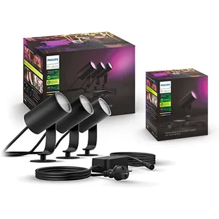 Philips Hue White & Color Ambiance Lily Gartenspot Standard Set mit 40W Netzteil (590 lm), dimmbare Außenleuchte mit 16 Millionen Farben, smarte Lichtsteuerung über Sprache oder App, schwarz, 4er Pack