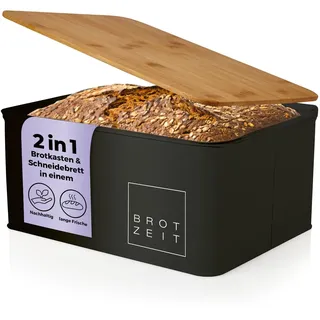 Lumaland Cuisine Brotkasten | Brotdose aus Metall mit Bambus Deckel | Brotbox rechteckig 30,5 x 23,5 x 14 cm | 2in1 Brotbehälter & Schneidebrett [Schwarz]
