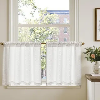 TOPICK Blickdicht Scheibengardinen Küche Weiß Bistrogardine mit Tunnelzug Gardinen mit Waffel Muster Lichtdurchlässig Küchengardinen für Kleine Fenster Verdunkelung Landhaus 2er Set 90Bx60H cm