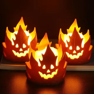 Halloween LED Kerzen, 3Stück Ahornblatt Geister LED Teelichter Halloween Deko Flammenlose Kerze Lichter Batteriebetrieben für Indoor Outdoor Garten Herbst Thanksgiving Atmosphäre Halloweens Party Deko