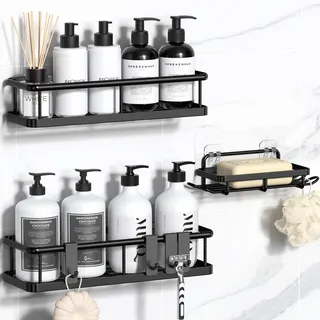 YASONIC Duschregal ohne Bohren mit Seifenschale - Rostfreier & Stabiler Badezimmer Organizer, Schnelltrocknend Duschablage Badregal, Shampoo Halterung für Dusche Shower Shelf, 3 Stück Schwarz