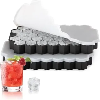 Eiswürfelform Silikon,Eiswürfelformen & Eiswürfelschalen,Eiswürfelbehälter mit Deckel,Eiswürfeln Kugel,Eiskugelform,Silikonform Eiswürfel Form,Ice Cube Tray with Lid (Schwarz) (37 Eckige * 2)