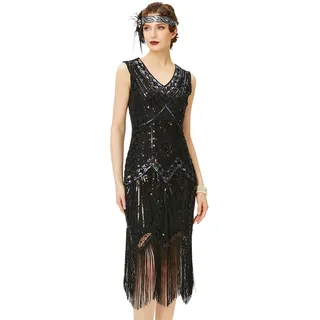 BABEYOND Damen-Charleston-Kleid, 1920er-Jahre, V-Ausschnitt, Great Gatsby-Kleid mit Perlen, Fransen