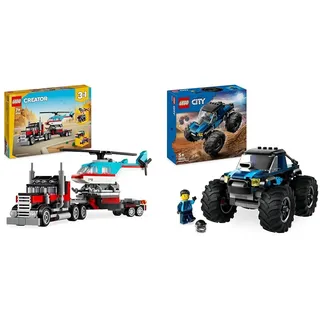 LEGO Creator 3in1 Tieflader mit Hubschrauber, Fahrzeuge-Set & City Blauer Monstertruck, Offroad-Auto-Spielzeug, Fahrzeug-Set