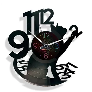 DISCOCLOCK "FELIX" - Leise und einfach zu montierende Vinyl-Uhr - Moderne Wanduhr für Küche, Salon. Geschenkidee für Katzenliebhaber und Tierliebhaber ... (holografisches Zifferblatt)