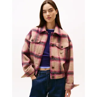Hemdjacke TOMMY JEANS "TJW WOOL TRUCKER JACKET", Damen, Gr. L (40), rosa (mystic pink, check), Web, Obermaterial: 52% Wolle, 32% Polyester, 16% Polyacryl, kariert, regular fit kurz, gerader Abschluss, Jacken Hemdjacke, Materialmix, mit Wolle