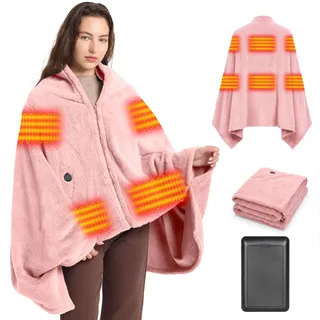 Moteoza Heizdecke Kabellos 160x90cm mit Akku 16000mAh, 6 Heizzonen, Rosa | Flanell Wärmedecke mit 6 Heizzonen, 5s Schnellaufheizung, 40–65°C, Waschbar für Sofa, Büro, Camping & Auto, Geschenkidee