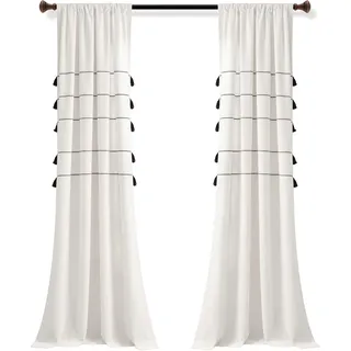 Lush Decor Farmhouse Boho gestreifte gewebte Quaste, garngefärbte Baumwolle, Fenstervorhang, Panel, 106,7 x 213,4 cm, elfenbeinfarben und schwarz