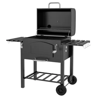 Holzkohlegrill Bbq Gartengrill Mit Deckel, Ablagen, Smoker, Warmhalteplatte, Regale, Transportrollen, Metall