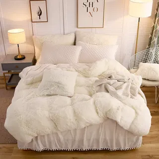 LIFEREVO Luxuriöses Shaggy-Bettwäsche-Set aus weichem Samt, flauschig, pelzig (1 flauschiger Kunstfell-Bettbezug + 1 Kissenbezug mit Pompom), Bettwäsche-Set, Reißverschluss (Doppelbett, XL, Hellbeige)