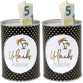 Metall-Spardose - Konservendose-Design - Motiv: Urlaubs-Kasse - Ø 8,6 cm x H 12 cm (Packung mit 2)