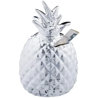 Relaxdays Spardose Ananas, Dekofigur, Sparschwein mit Schloss, 2 Schlüssel, Keramik Sparbüchse, H x D 16 cm, Silber, 1 Stück