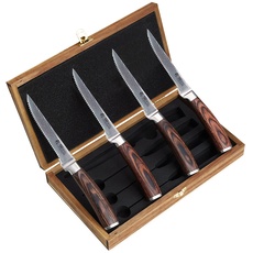 Wakoli EDIB 4er Damast Steakmesser-Set mit 12,50 cm Klingen gefertigt aus 67 Lagen Damaststahl mit Pakkaholzgriff in Holzbox I edle Damastmesser für Steaks, Grillgut oder als Tafelbesteck