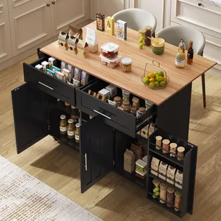 Sweiko 129x46(71)x91,5cm Schwarzer großer Esszimmerwagen, Sideboard, Arbeitsplatte aus massivem Holz, klappbare Arbeitsplatte, Stauraumtür, Rollen-/Massivholzfüße, für den Hausgebrauch geeignet. - Schwarz