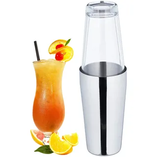 Relaxdays Cocktail Shaker Boston 2-teilig 400 & 600 ml Edelstahl & Glas Silber/Transparent 28,5 x 8,7 x 8,7 cm
