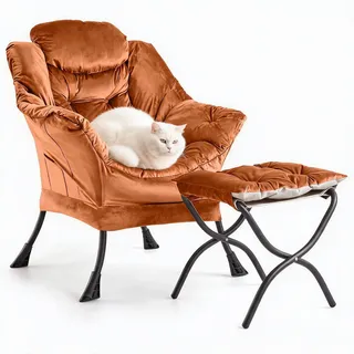 IDEALHOUSE Bequemer Samt-Sessel mit Hocker, Loungesessel | Verstellbare Rückenlehne, Seitliche Tasche, Abnehmbarer Fußhocker–Modernes Lese-&Fernsehsessel Set, Dutch Velvet