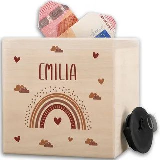 Shirtracer Spardose Holz personalisiert Regenbogen Wolken Name | Holz, 10x10cm, Bunt, mit Schlüssel und Schloss, Kinder, Mädchen, Jungen, Natur, Taschengeld, Wunscherfüller, Geschenk, Deko