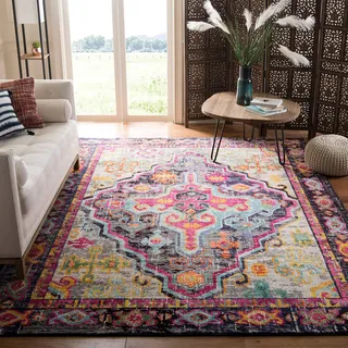 SAFAVIEH Boho Teppich für Wohnzimmer, Esszimmer, Schlafzimmer - Monaco Collection, Kurzer Flor, Grau und Fuchsia, 200 x 200 cm