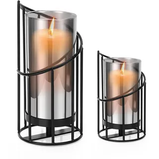 Windlicht 2er Set Kerzenständer Deko,Glaszylinder Mit Metall Boden(Schwarz) | Vintage Tischdeko, Modern Kerzenständer Geometrisch für Wohnzimmer, Esstisch, Garten Dekoration