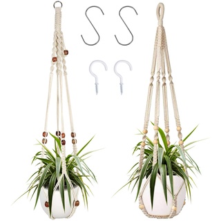 2er Set Makramee Blumenampel Baumwollseil Hängeampel Blumentopf Pflanzen Halter Aufhänger für Innen Außen Decken mit 4 Haken